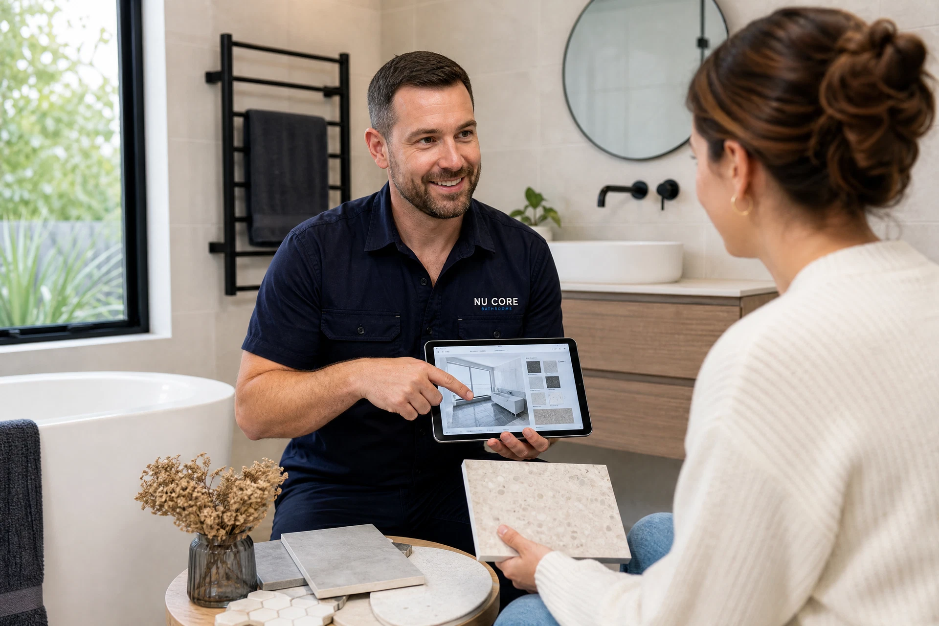 Home Hero Services bathroom renovation consultant discussing design options with a Melbourne homeowner