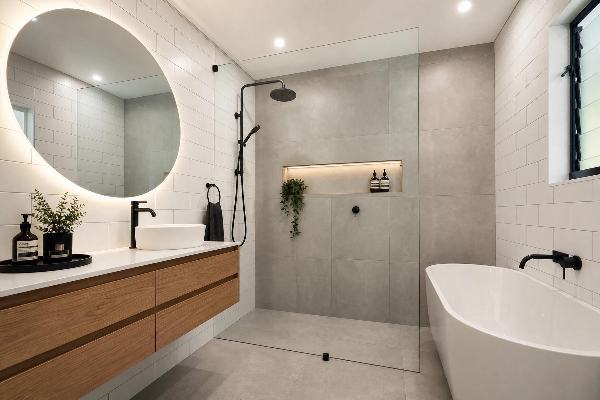 Completed modern bathroom renovation in a Melbourne home by Home Hero Services