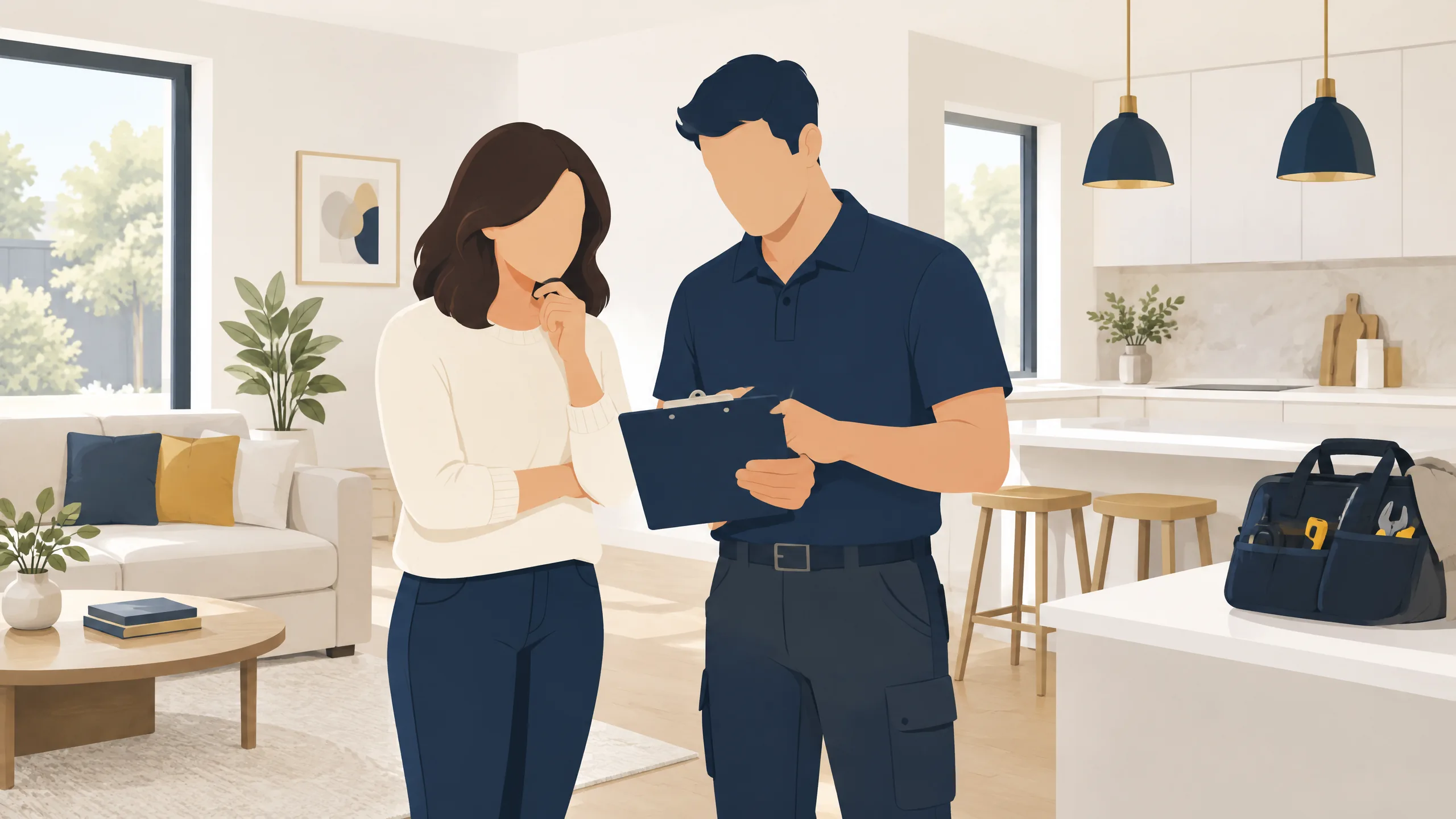Illustration of a homeowner and handyman reviewing a home repair job scope.