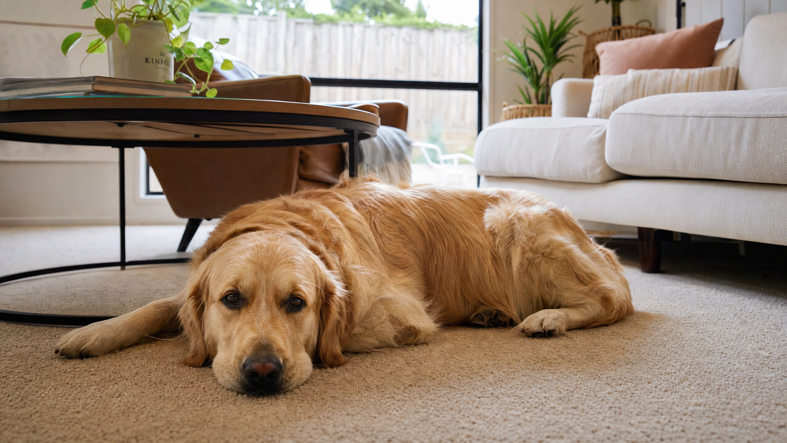 Golden retriever resting on carpet in a Melbourne family home — pet odour in carpets guide