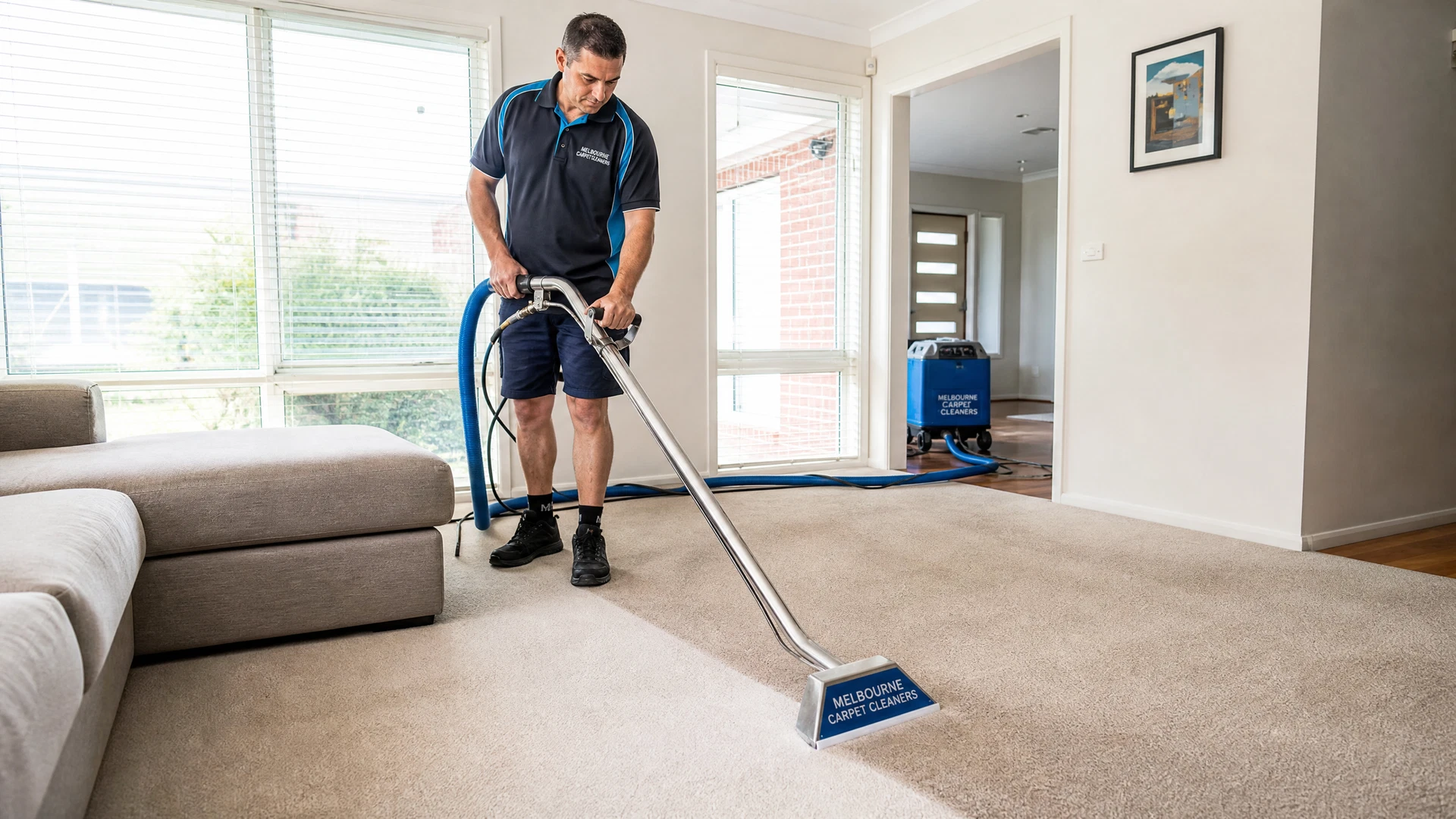 Professional carpet cleaner using hot water extraction on a carpet in a Broadmeadows home — Home Hero Services