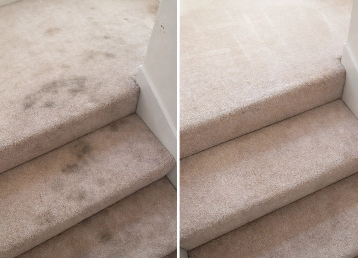 Carpet steam cleaning before and after — stair carpet in Melbourne home, dark stains removed