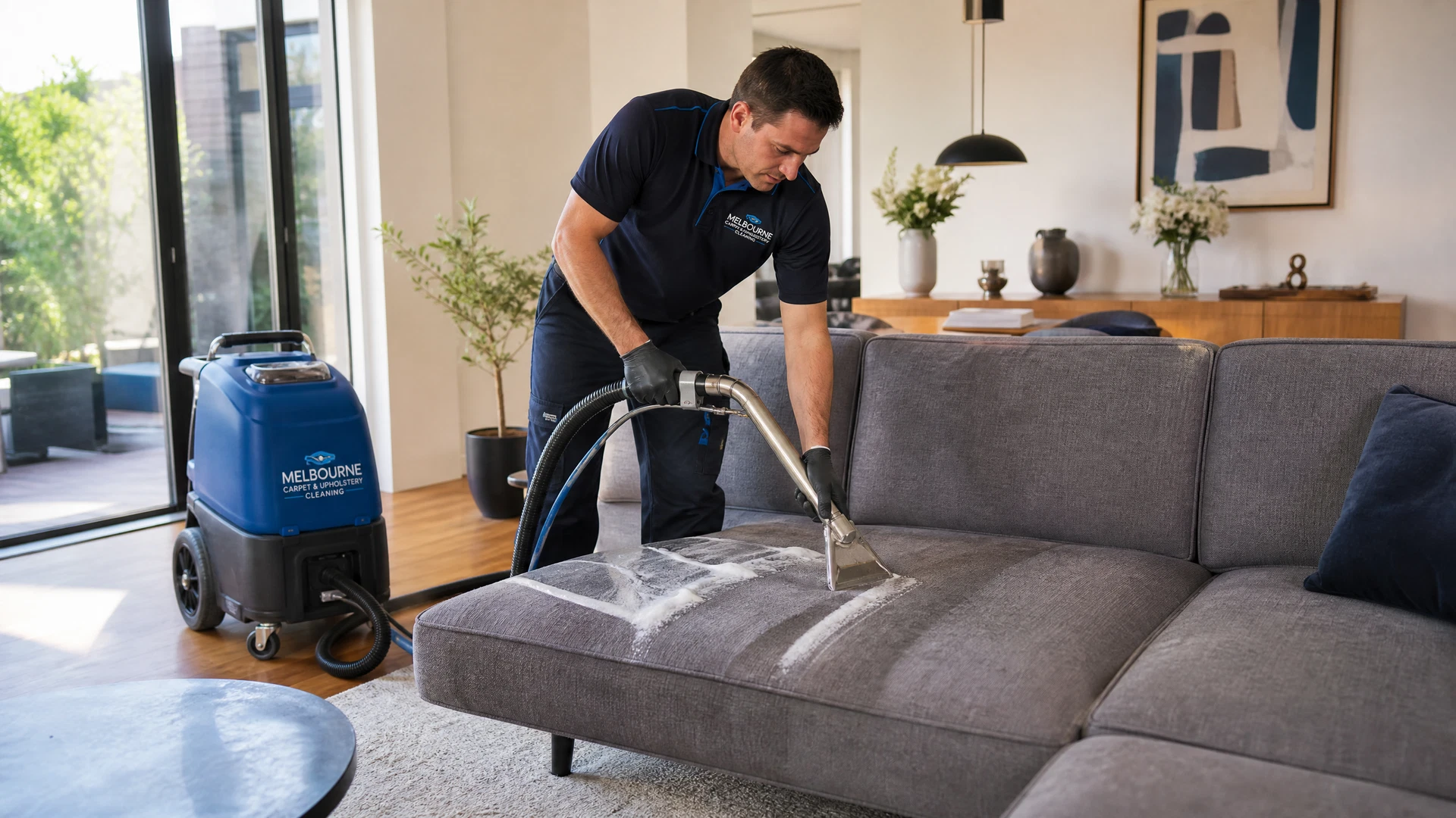 Home Hero Services technician steam cleaning a grey fabric sofa in a bright Melbourne living room — professional upholstery cleaning service