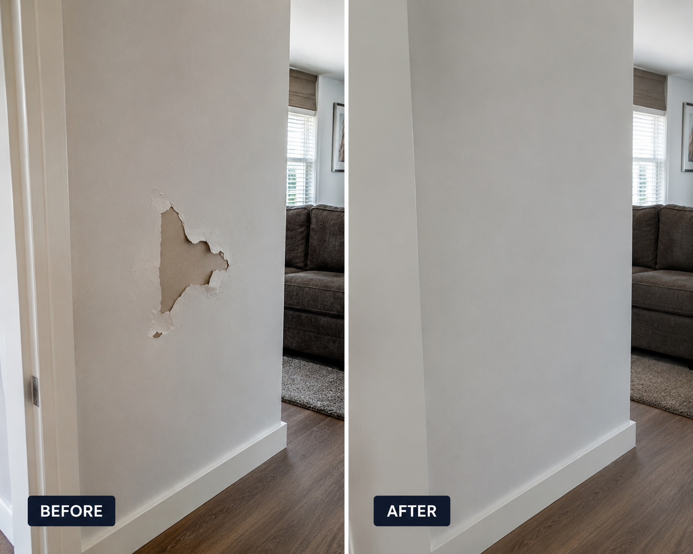 Before and after wall repair by Home Hero Services — damaged plaster restored to a smooth, professional finish.