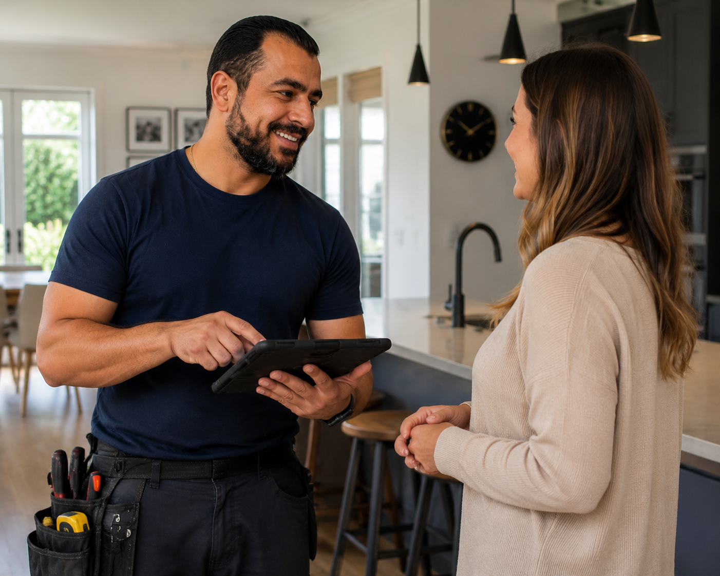 Home Hero Services handyman consulting with a Melbourne homeowner, reviewing the job scope on a tablet.