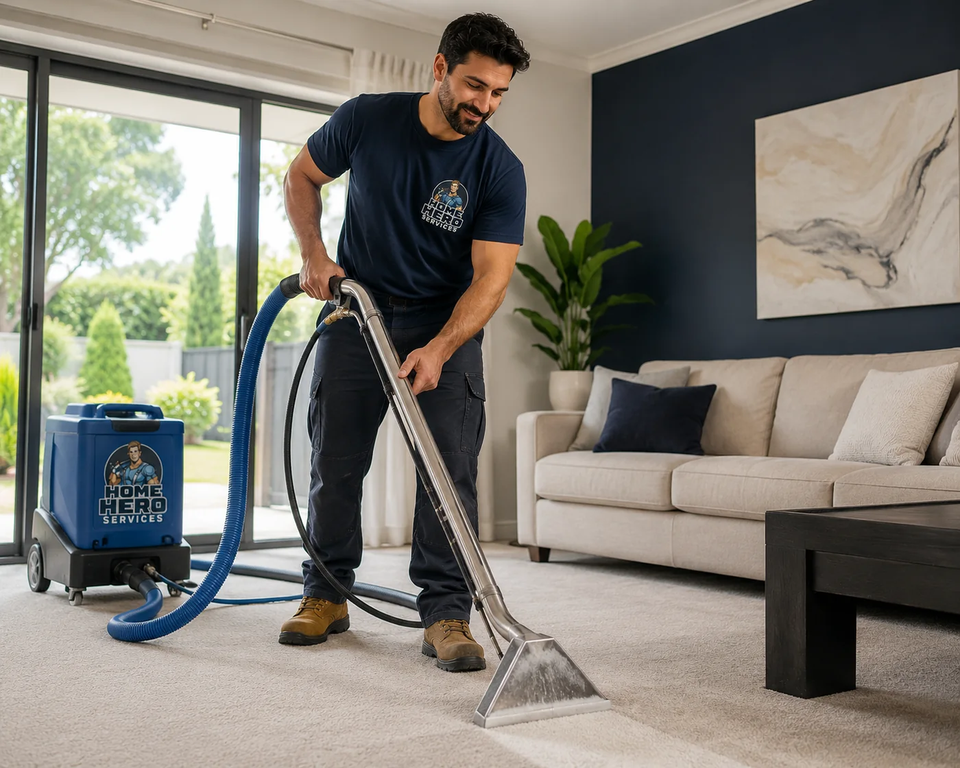 Home Hero Services technician using professional hot-water extraction equipment on residential carpet