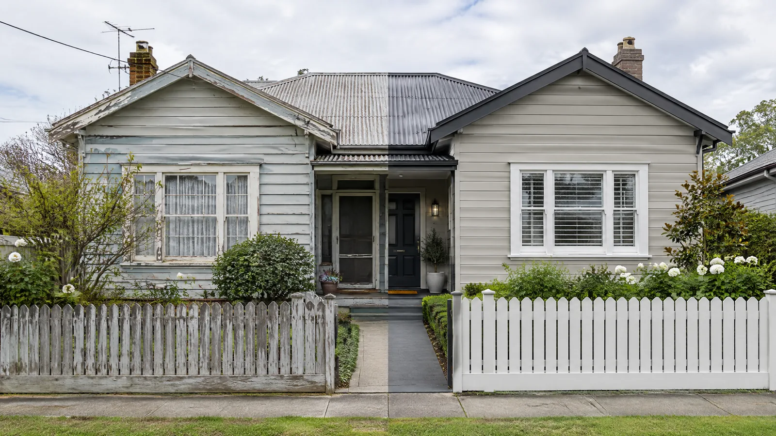 Before and after example of an exterior house repaint with refreshed cladding and trim
