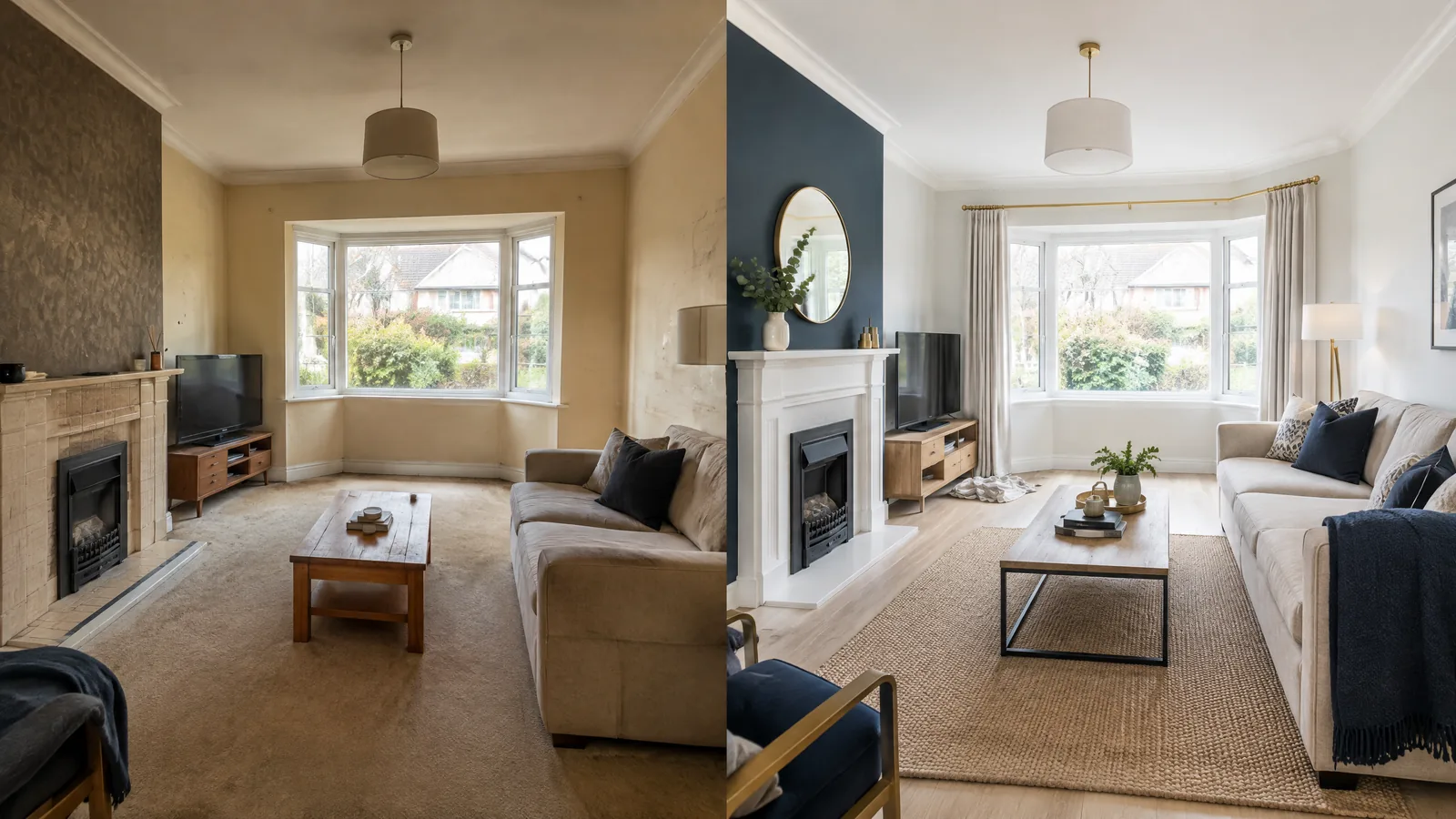 Before and after example of an interior living room repaint with refreshed walls and feature colour