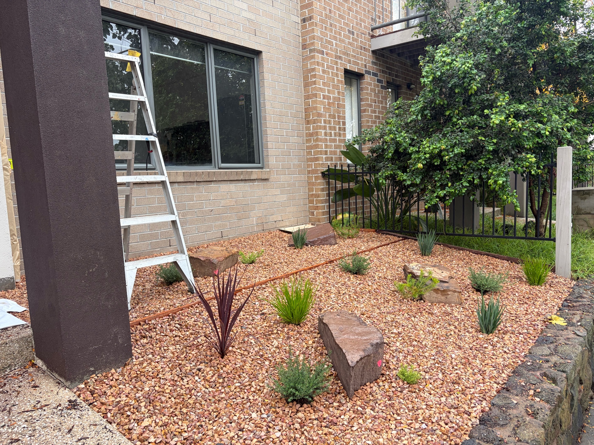 Completed low-maintenance garden landscaping with gravel and native plants, Melbourne
