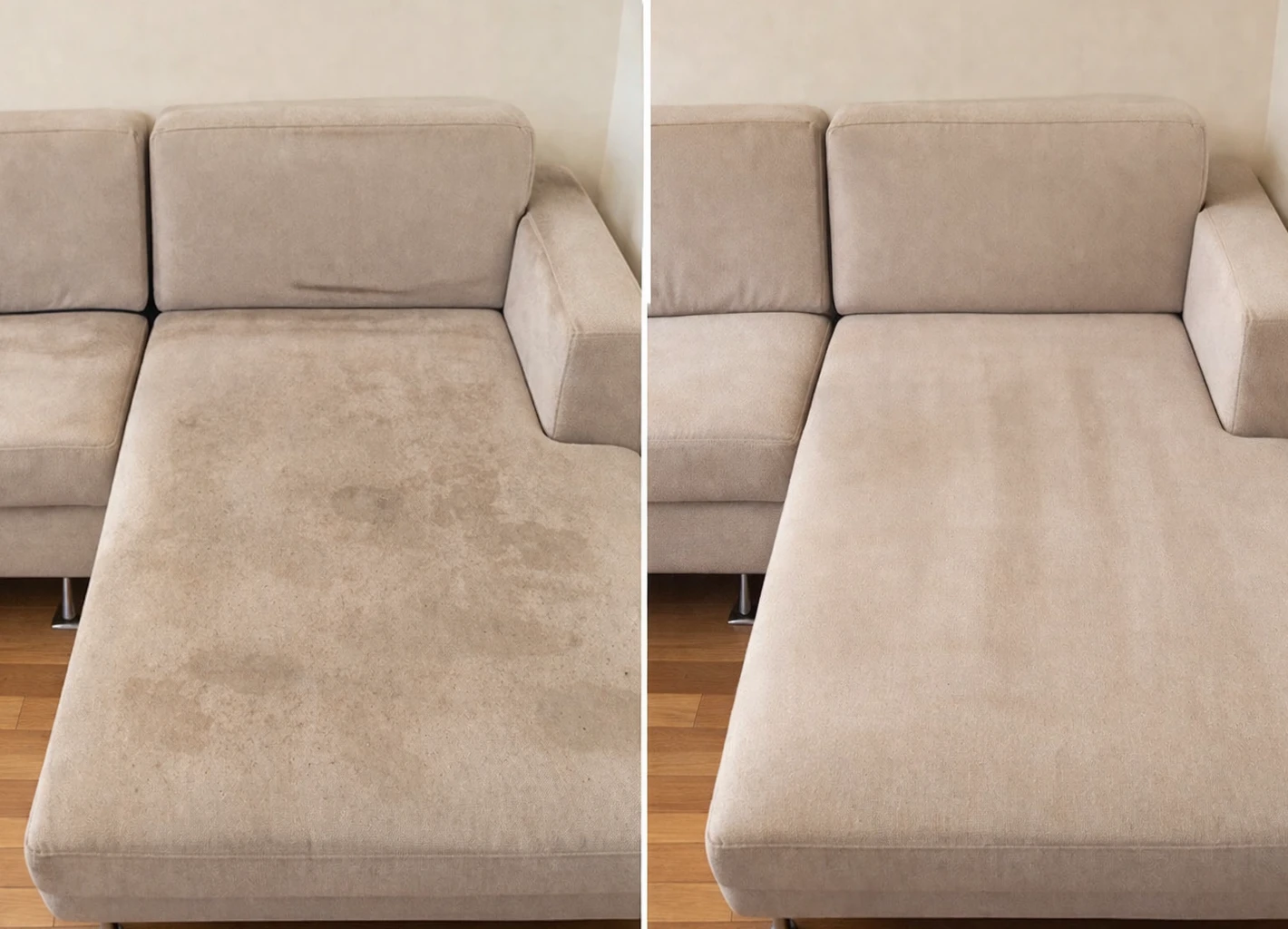 Upholstery cleaning before and after — sectional sofa in Melbourne home, stains removed