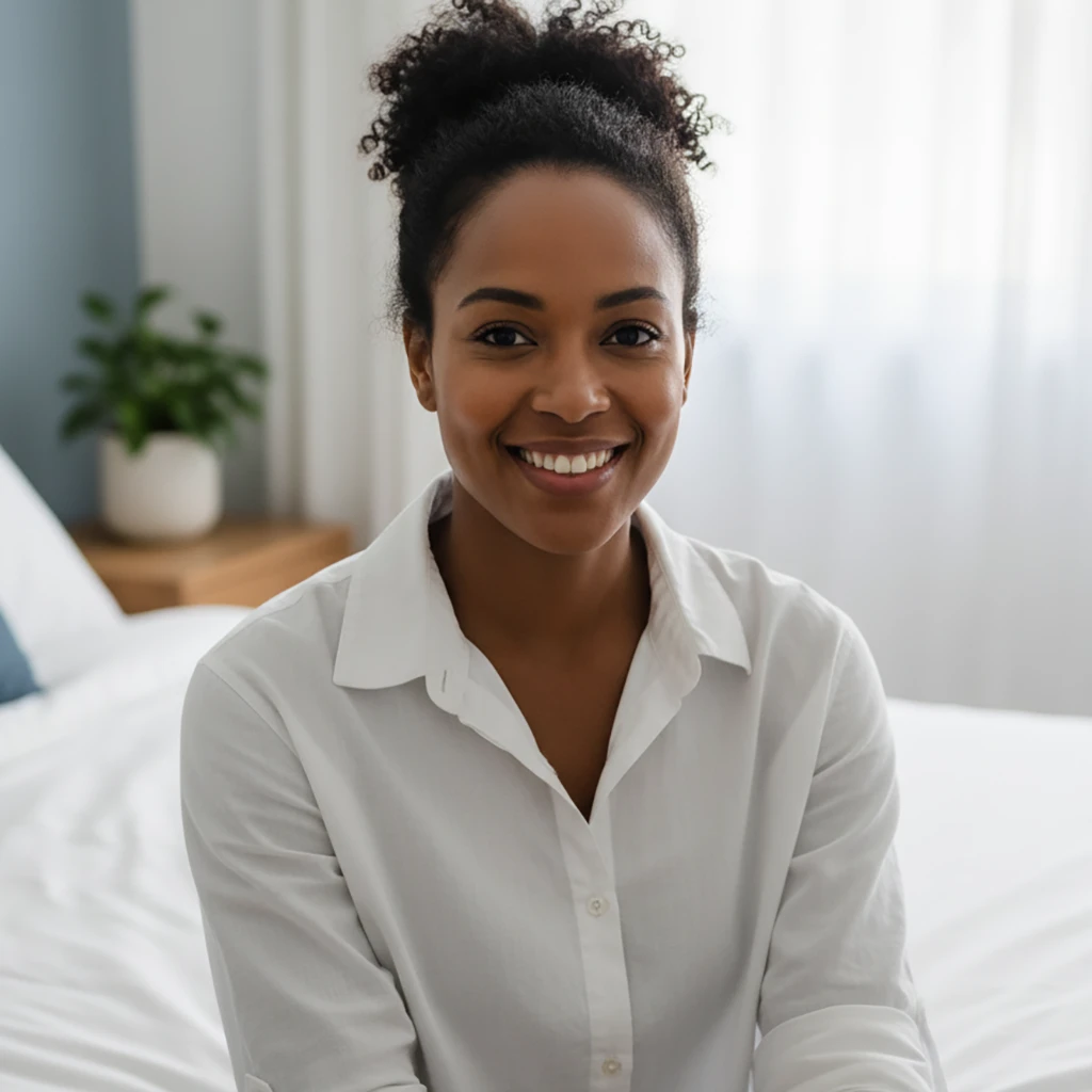 A smiling African Australian woman wearing a white shirt, captured from the head to half-body, sitting on a mattress with a cozy bedroom background.