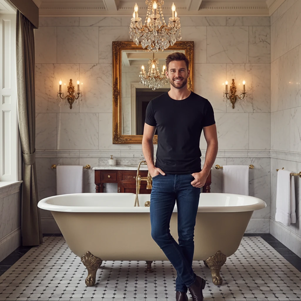 A smiling Australian man in a black t-shirt and jeans stands with hands in pockets, posing in a luxurious classic bathroom with a freestanding clawfoot tub and ornate chandelier.