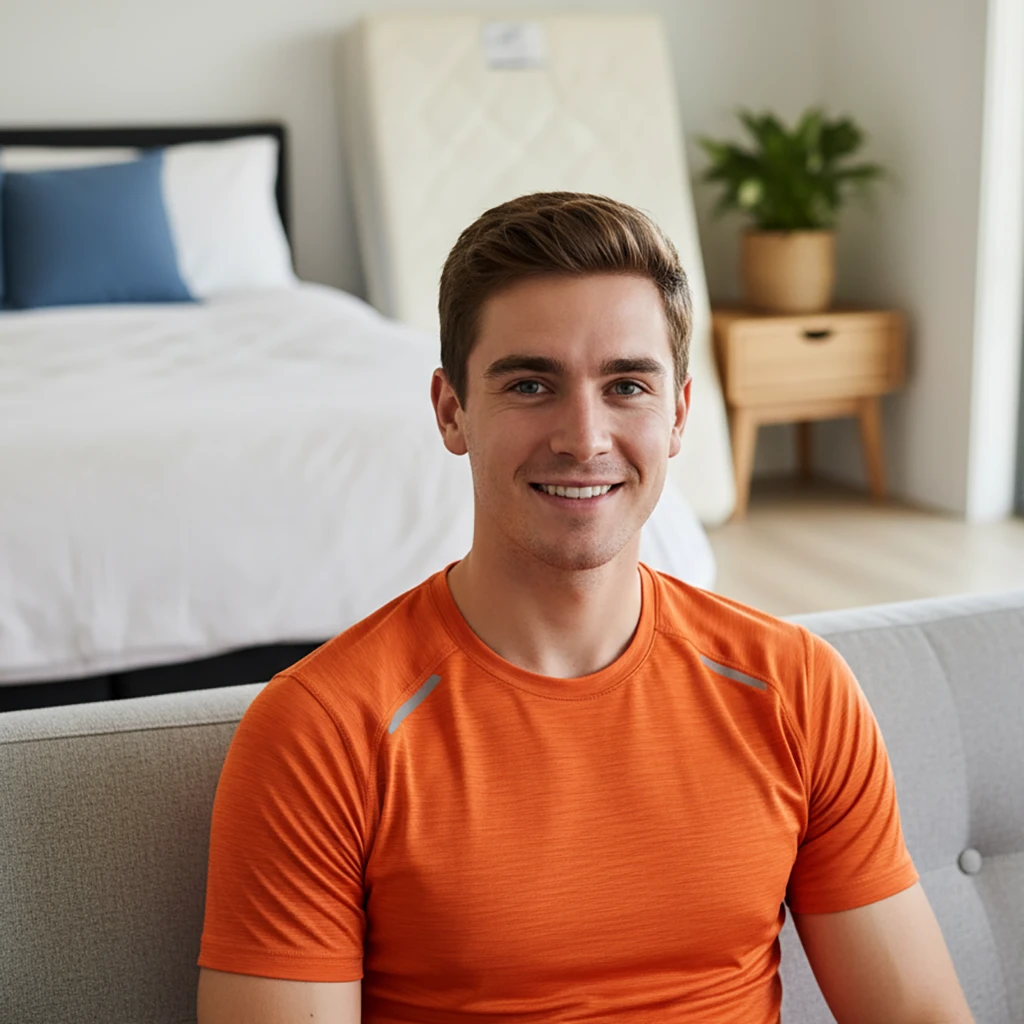 A smiling Australian man wearing an orange running shirt, captured from the head to half-body, sitting on a sofa with a bedroom background including a mattress.