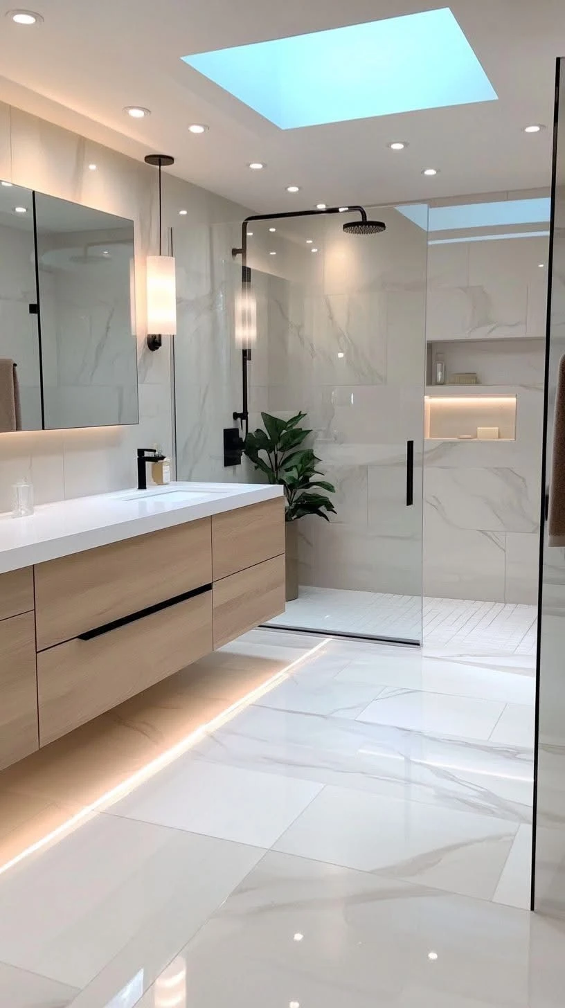A modern, brightly lit bathroom featuring white marble tiles on the walls and floor, a large wooden vanity with a white countertop and double sinks, a spacious glass-enclosed walk-in shower with a black rainfall showerhead, and a skylight.