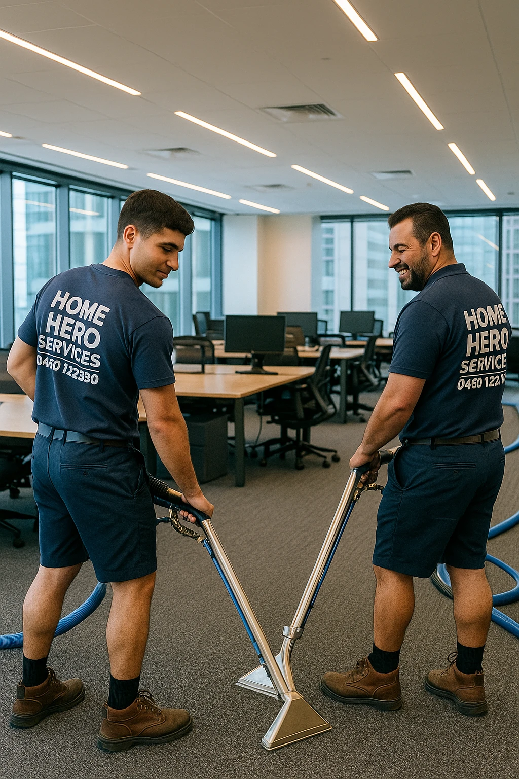 Two professional carpet cleaners from Home Hero Services performing commercial carpet cleaning in a large, modern Melbourne office, wearing navy uniforms with company logo, navy work shorts, and boots while using steam-cleaning machines.
