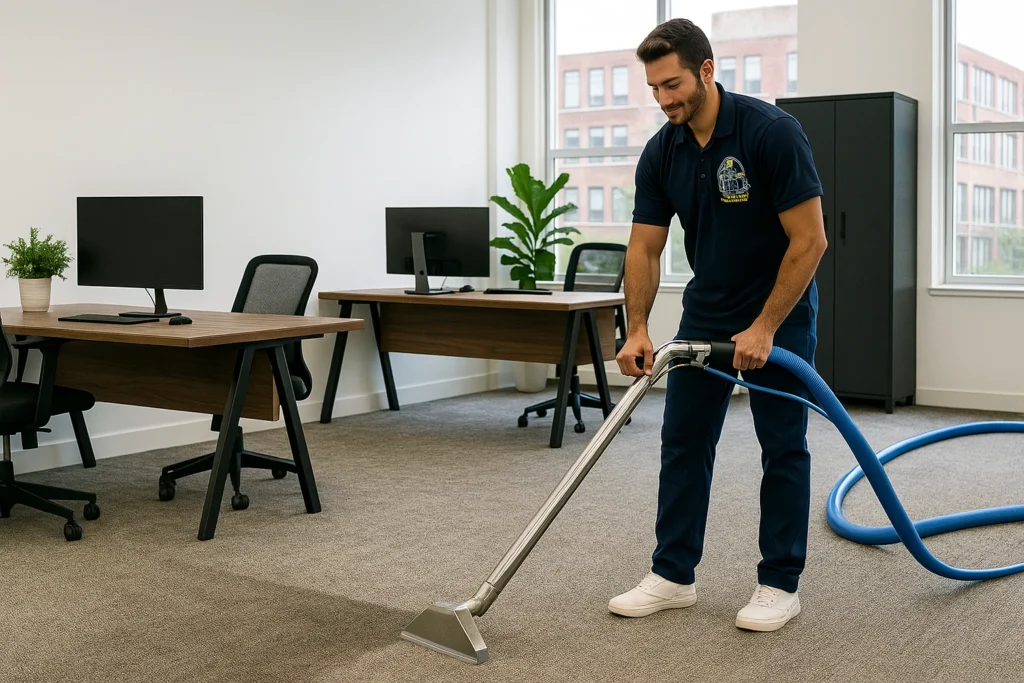 A male cleaning technician in a blue uniform using a professional steam cleaning wand to clean the carpet in a modern office.