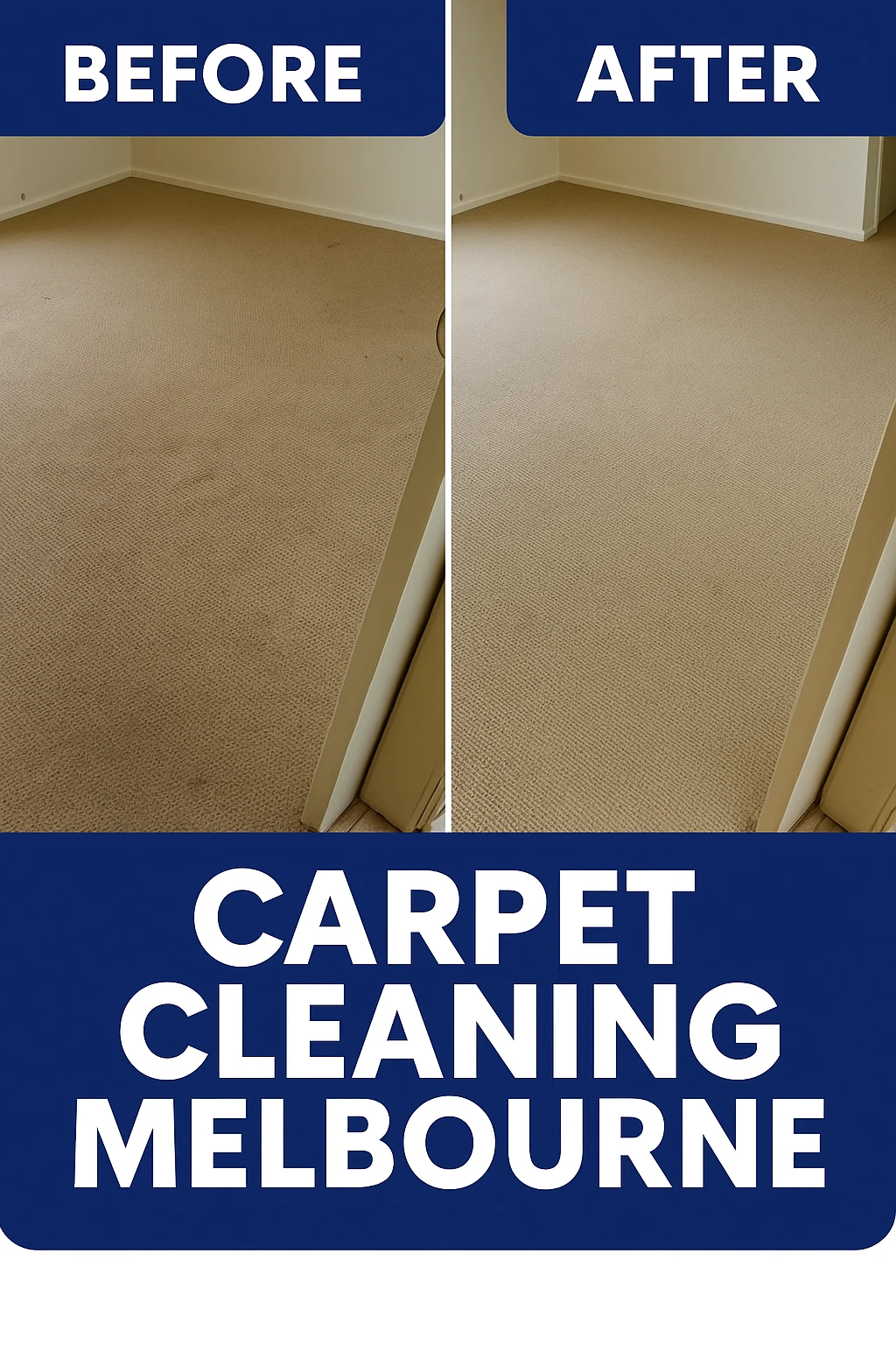 Before and after photo showing professional carpet cleaning transformation in Melbourne by Home Hero Services, featuring a cream carpet cleaned to look fresh and new.