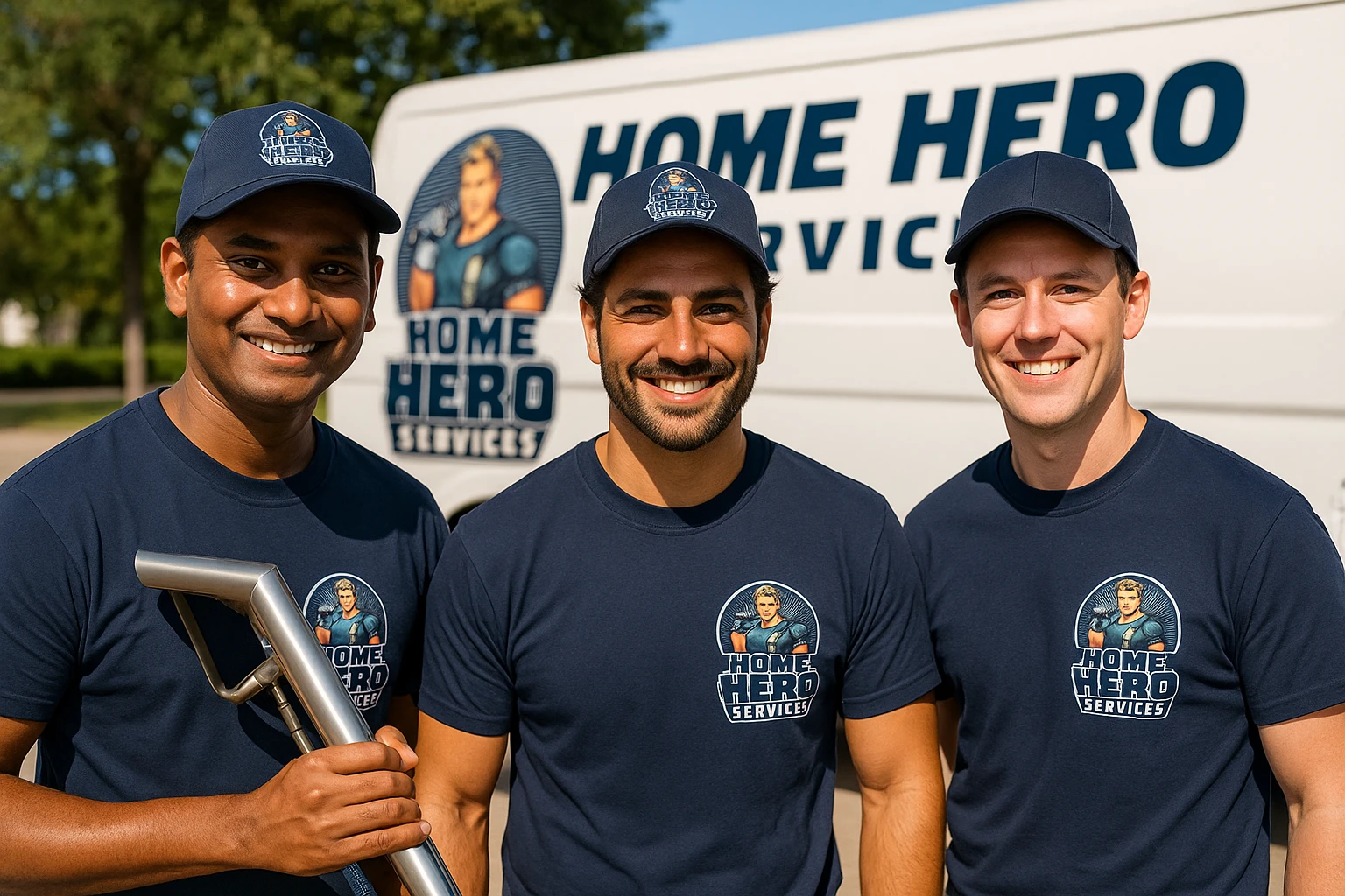 Three smiling male service technicians wearing matching navy blue "Home Hero Services" t-shirts and caps stand in front of a white service van with the company logo. The technician on the left holds a carpet cleaning wand.