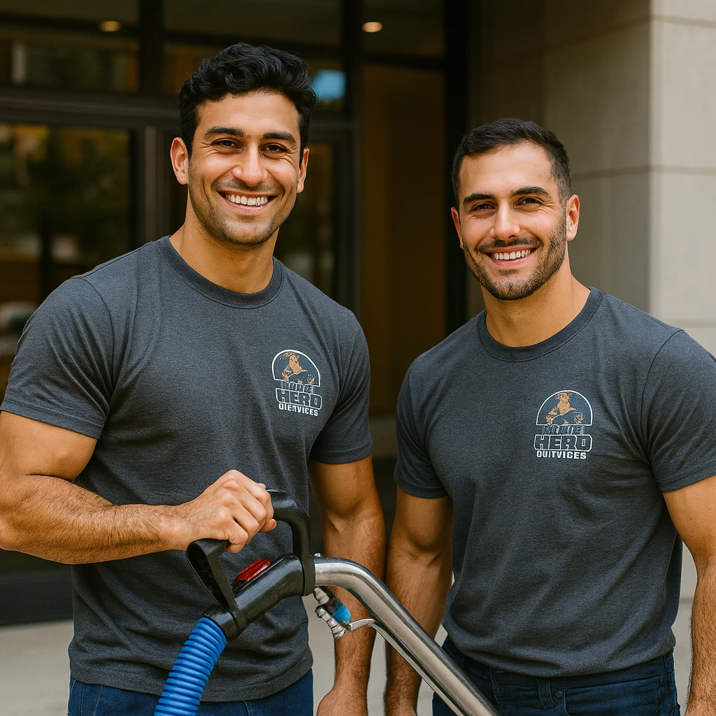 Two professional Home Hero Services technicians standing outside a Melbourne office building, holding commercial steam cleaning equipment and smiling.