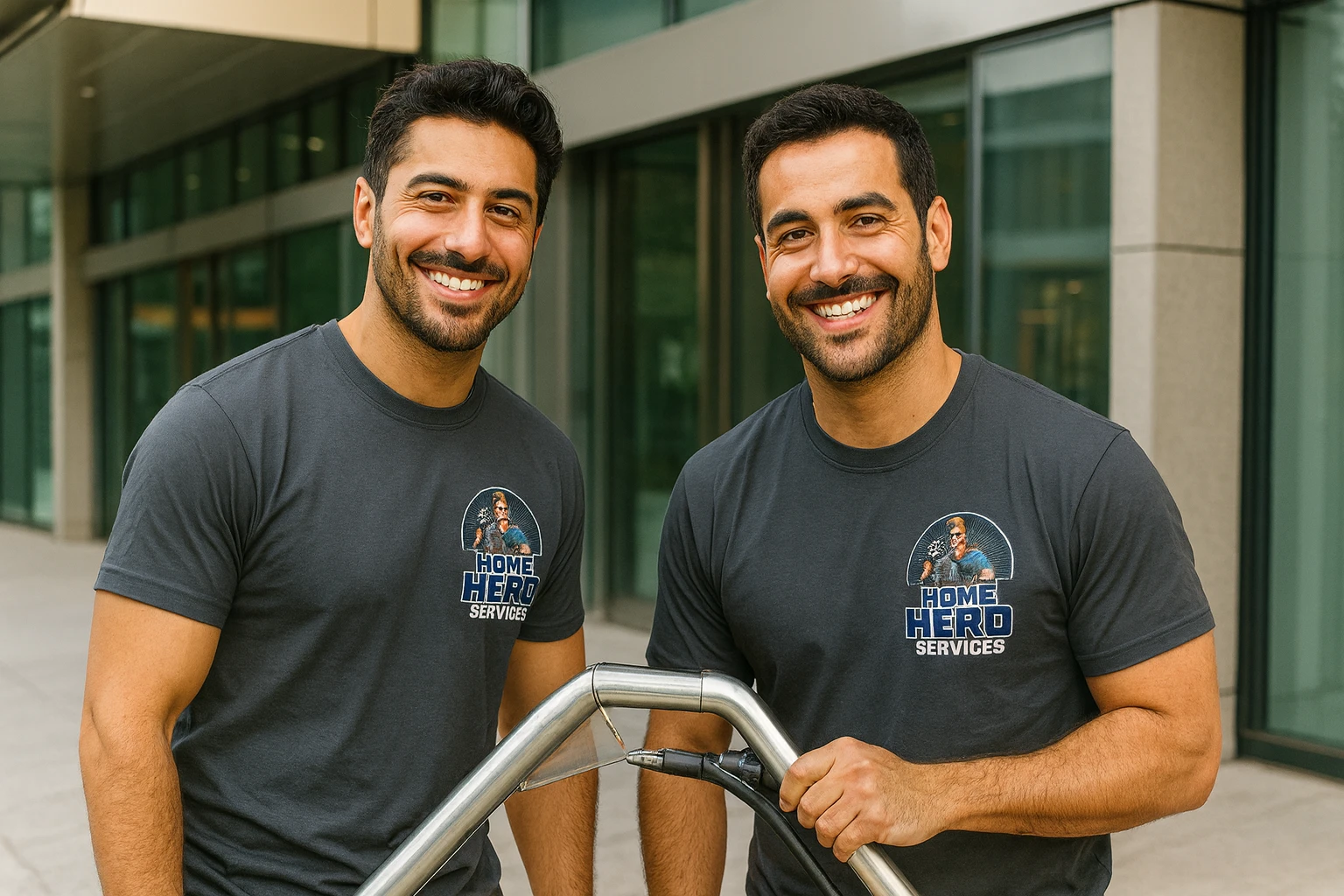 Two friendly Middle Eastern Home Hero Services technicians standing in front of a Melbourne office building, holding professional steam cleaning equipment.