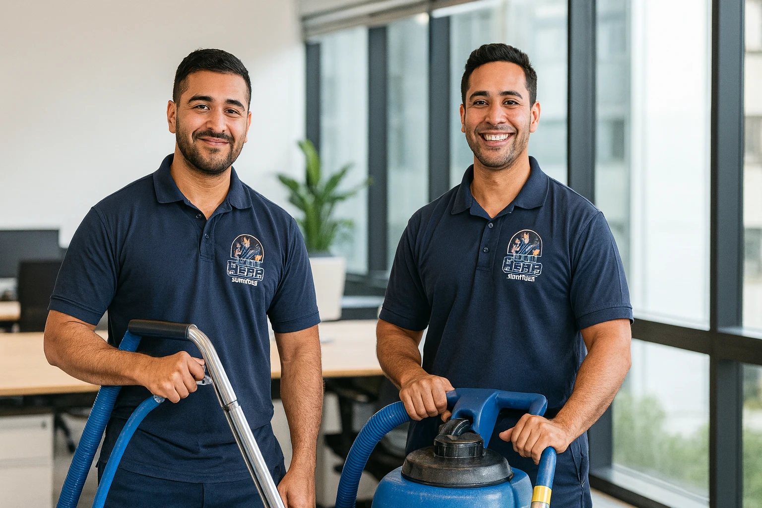 Two smiling male technicians from Home Hero Services, wearing matching navy blue polo shirts, stand in a modern office holding professional carpet cleaning equipment.