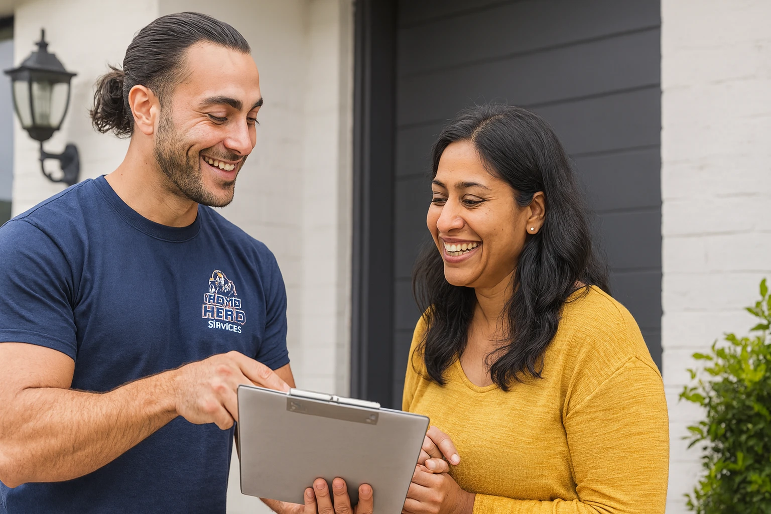 Home Hero Services technician assisting a happy Melbourne homeowner outside her house, showcasing friendly and professional customer service.