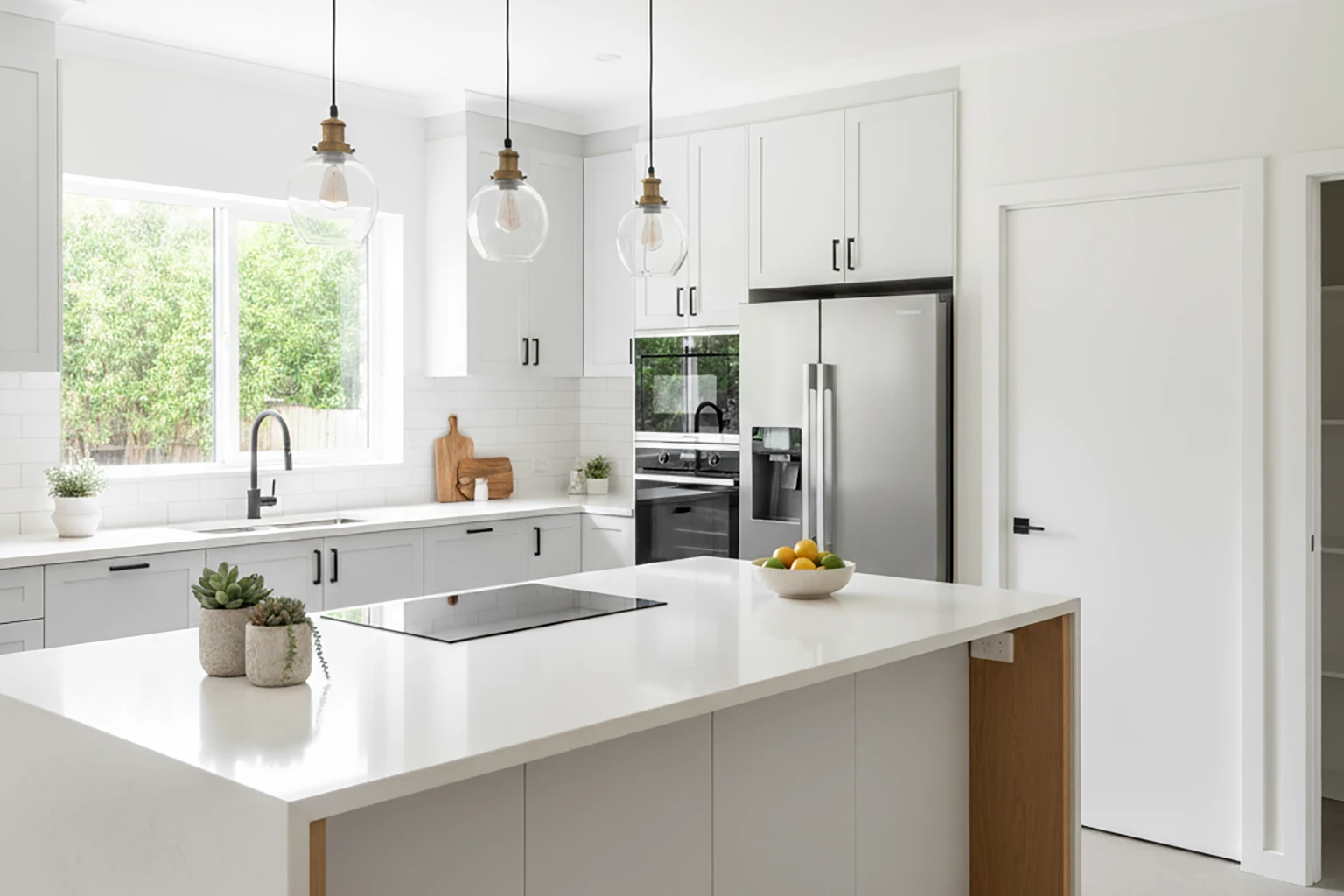 A bright, newly renovated modern kitchen featuring a large white waterfall island with an induction cooktop, light grey lower cabinets, white upper cabinets, and stainless steel appliances.