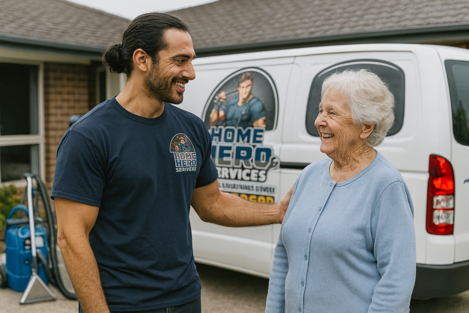 Home Hero Services technician providing carpet cleaning for an elderly customer in Melbourne.