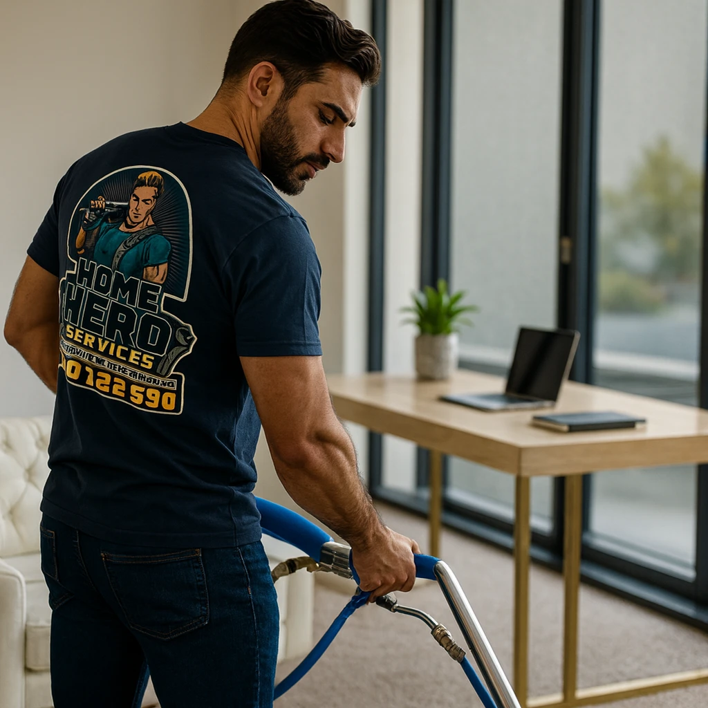 Professional carpet cleaning technician from Home Hero Services steam-cleaning carpets in a modern Melbourne office.