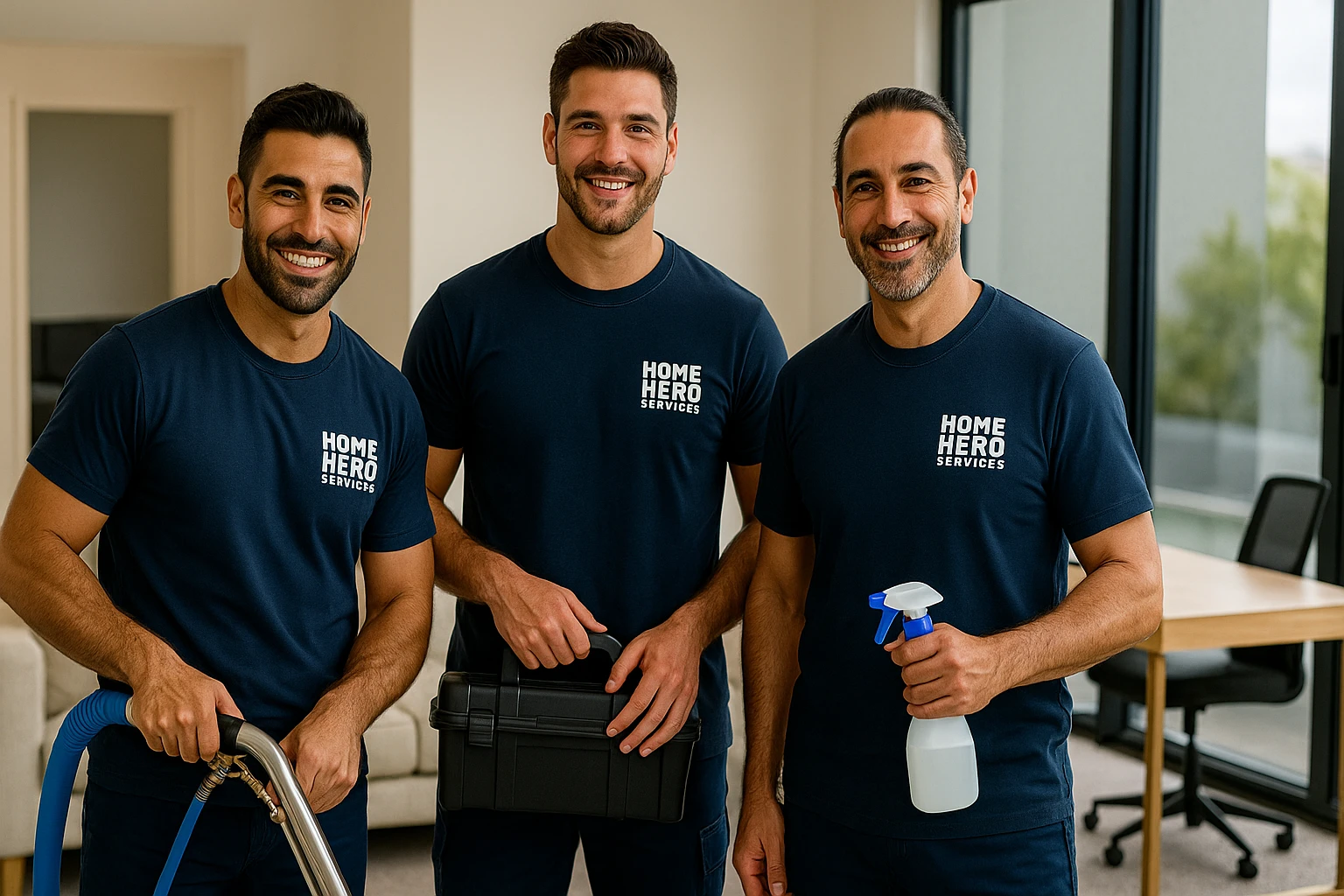 Three smiling male technicians in navy blue "Home Hero Services" t-shirts stand in a modern room, holding a carpet cleaning wand, a toolbox, and a spray bottle.