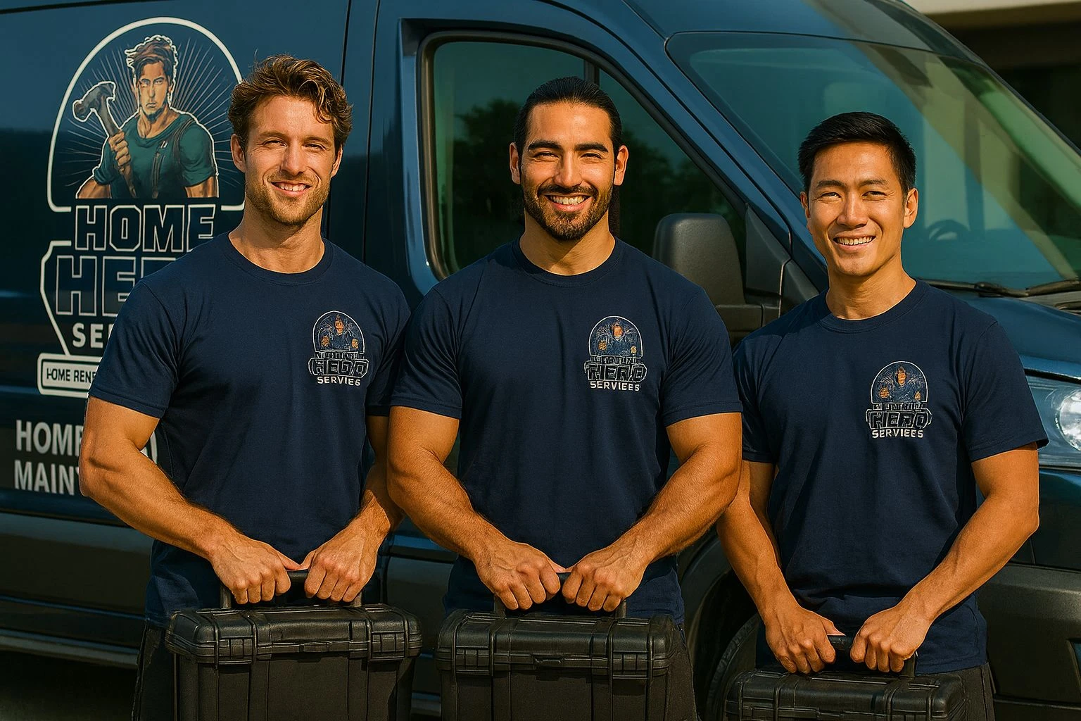 Three smiling male service technicians, wearing matching navy blue "Home Hero Services" t-shirts, stand in front of a dark blue service van with the company logo. Each technician is holding a black tool case.
