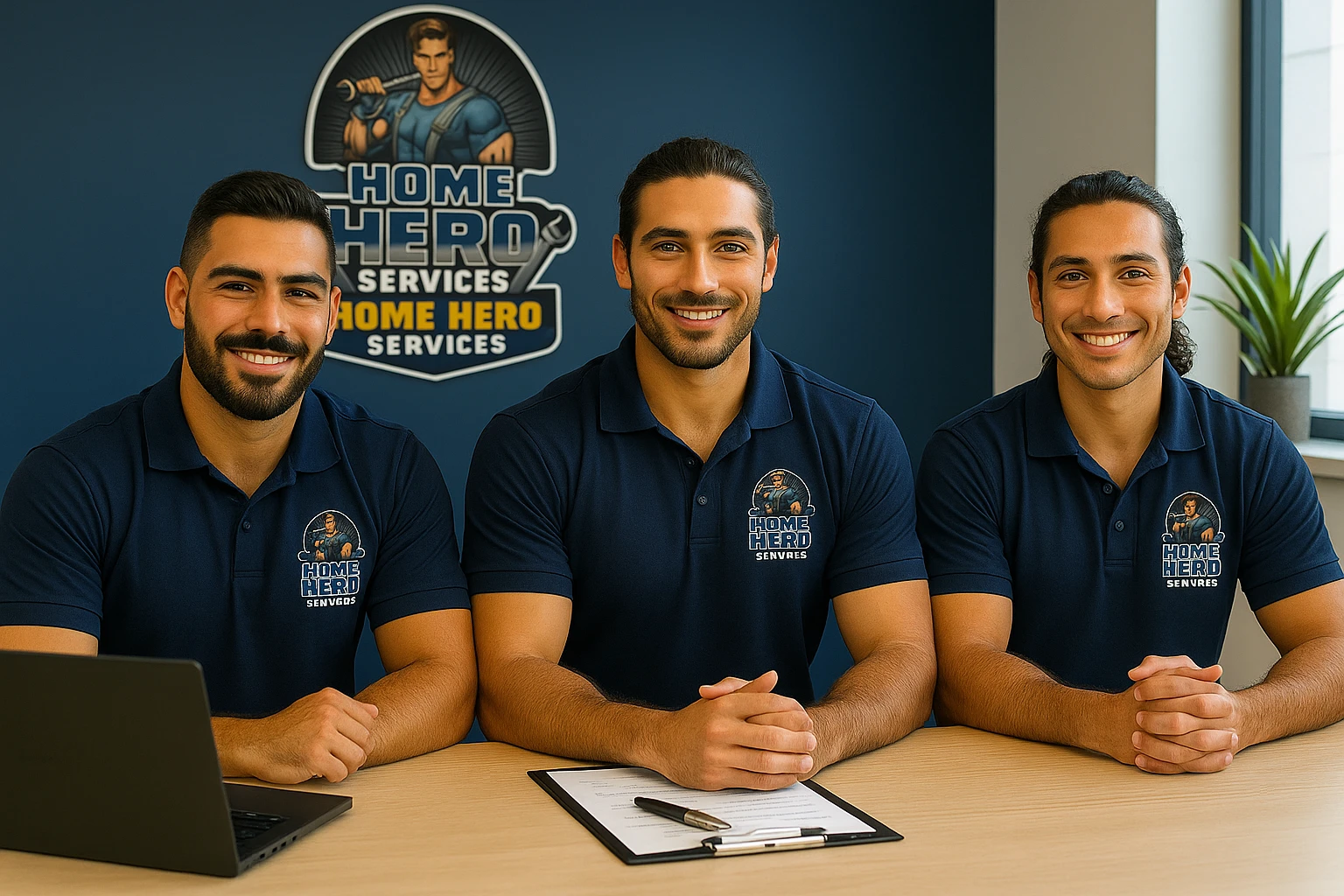 Three smiling male staff members from "Home Hero Services" in navy polo shirts sit at a desk, with their company logo on the wall behind them.