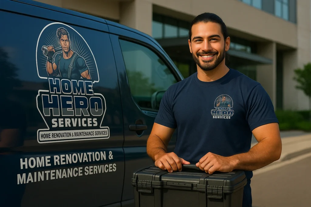 Home Hero Services technician standing beside branded van in Melbourne ready for renovation and steam cleaning jobs.