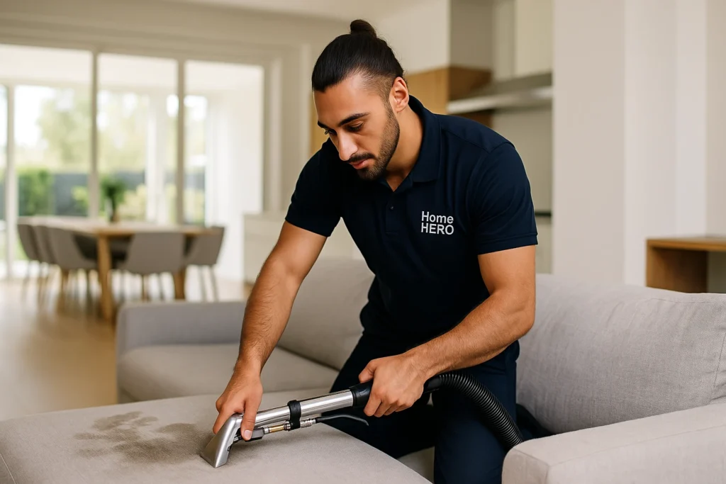 Home Hero Services technician steam cleaning a light grey couch in a modern Melbourne home.