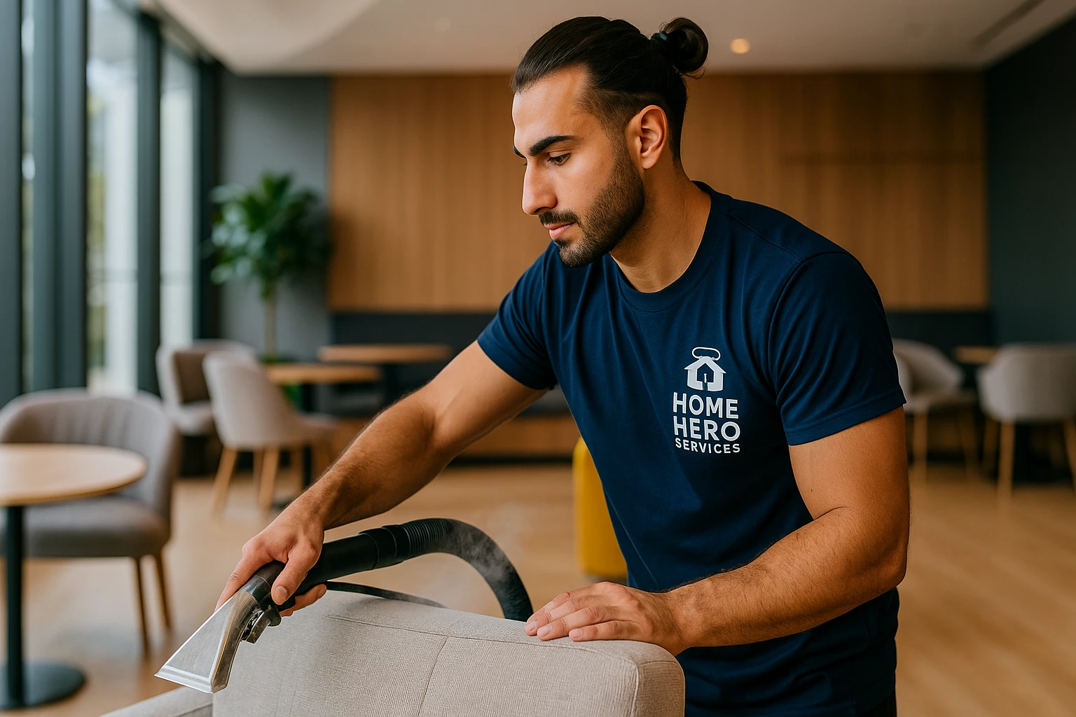 A professional male cleaner in a "Home Hero Services" uniform deep cleaning an upholstered sofa with a steam cleaner.