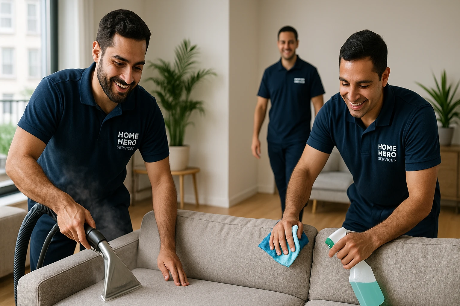 Home Hero Services team performing professional upholstery and furniture steam cleaning in a modern Melbourne home.