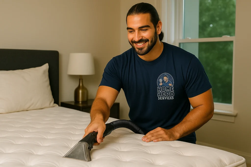 A smiling male cleaner with dark hair pulled back in a ponytail, wearing a navy blue "Home Hero Services" t-shirt, is diligently cleaning a white quilted mattress with a wet vacuum attachment in a bedroom.
