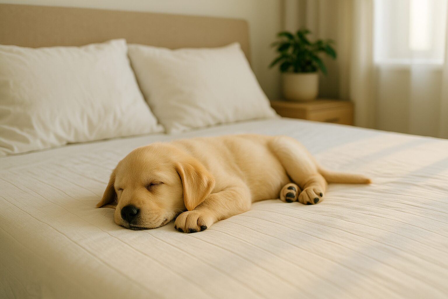 Sleeping yellow Labrador puppy on a soft, light-colored bed with white pillows in the background.