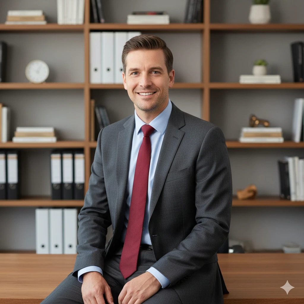 A smiling Australian man in a dark suit and tie sits at his office desk, with a blurred bookshelf filled with books in the background.