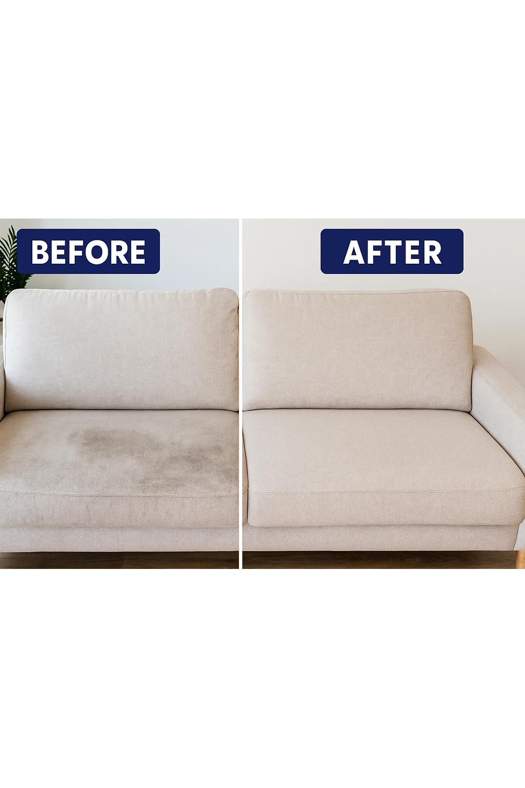 Before and after fabric sofa steam cleaning in Melbourne by Home Hero Services, showing deep upholstery restoration and stain removal results.