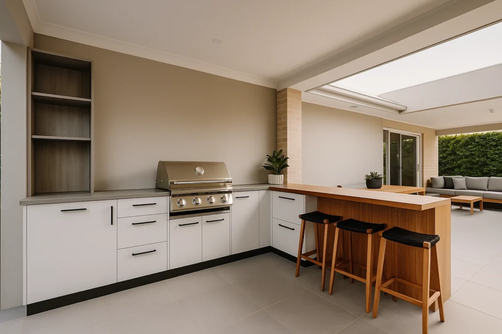 Modern kitchen renovations Meadow Heights featuring custom white cabinetry and a stone island benchtop.