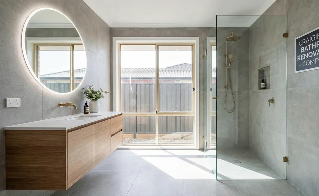 A modern family bathroom in Mill Park featuring premium tiling and a new walk-in shower as part of a complete renovation project.