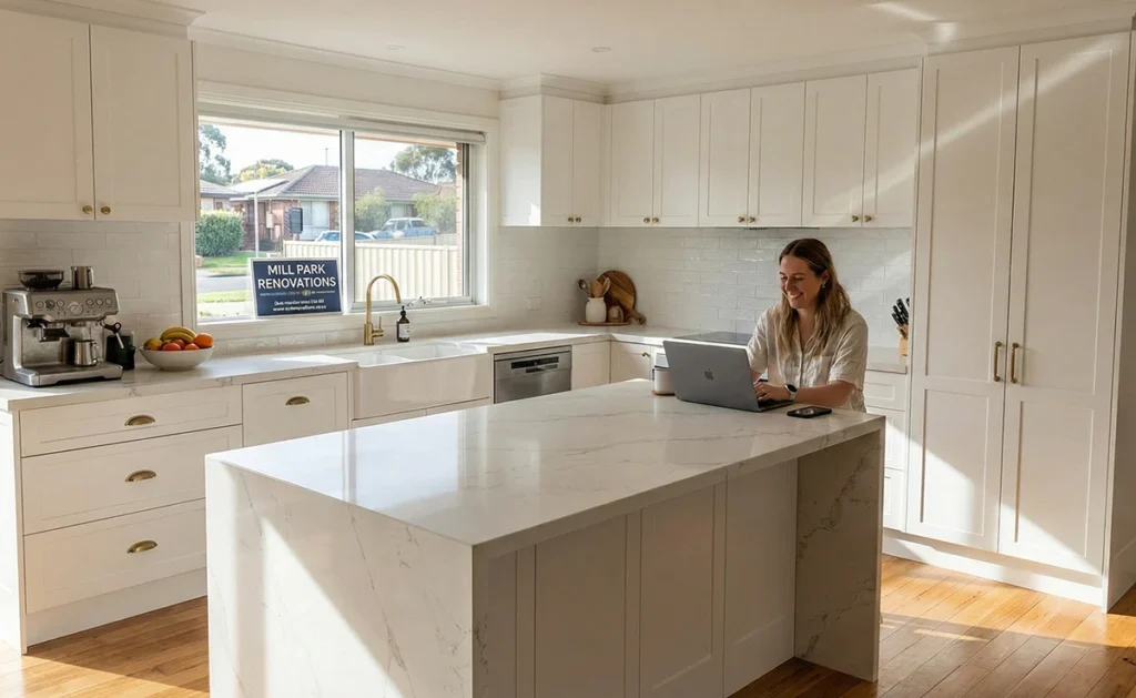 Modern kitchen renovations Mill Park featuring white cabinetry and stone benchtops.
