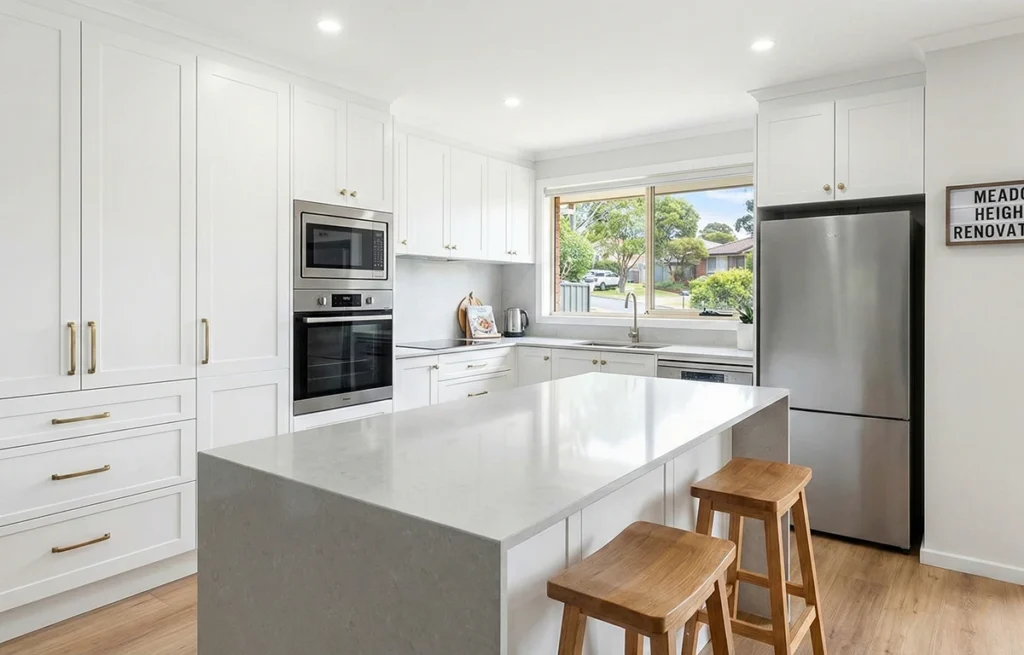 Modern kitchen renovations Meadow Heights featuring custom white cabinetry and a stone island benchtop.