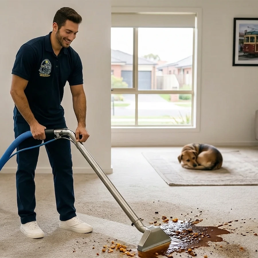 A professional cleaner using a vacuum extraction tool to clean a large liquid spill on a beige carpet while a dog rests in the background.