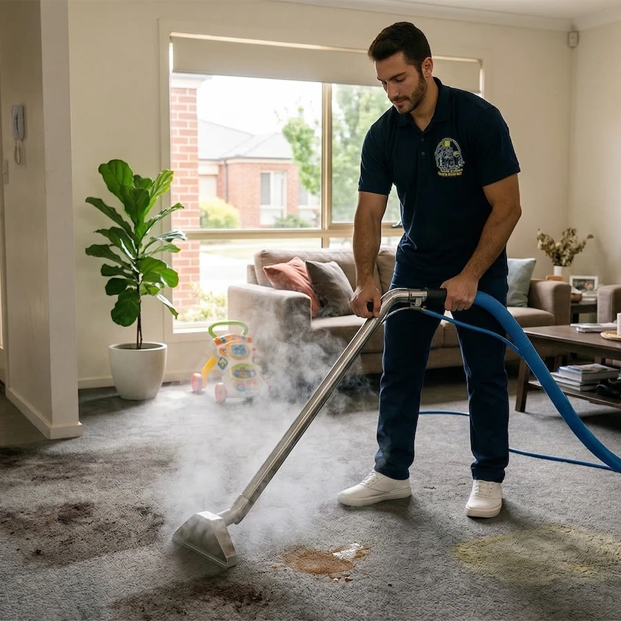 A professional carpet cleaner using a steam wand to remove deep stains and dirt from a residential living room carpet.