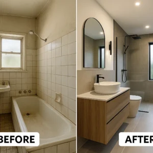 Bathroom transformation from outdated and dirty to clean, contemporary, with new fixtures, a floating vanity, and a minimalist design.