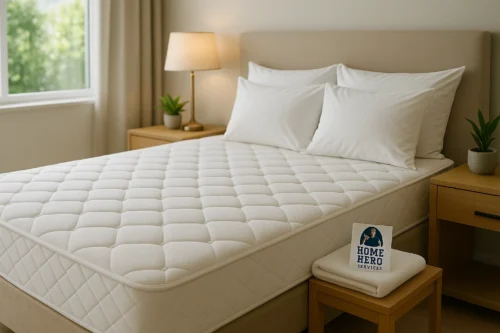 Home Hero Services Mattress in a Bright Bedroom A pristine white mattress with a quilted pattern on a bed frame in a well-lit bedroom. On a nearby wooden stool, a folded white blanket holds a card with "HOME HERO SERVICES" and a graphic.
