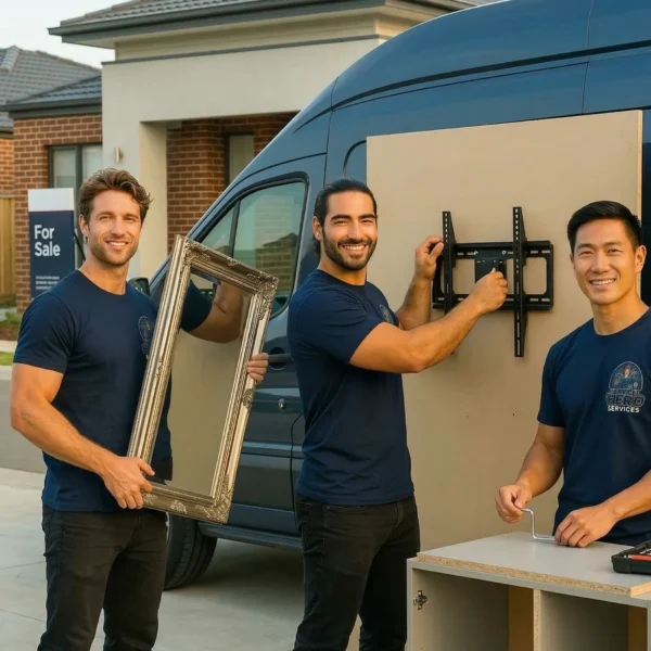 Three professional handymen in navy blue uniforms standing in front of a service van in a Craigieburn residential area, holding a large ornate mirror, a TV wall mount, and assembling furniture to demonstrate new home setup services.