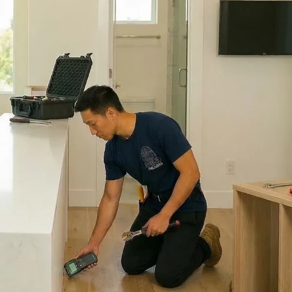 A handyman technician wearing a navy blue company t-shirt kneels on a light wood floor in a modern kitchen, using a digital inspection device to check near the base of a white quartz countertop. He holds a large wrench in his right hand. An open black hard case with tools is on the counter.